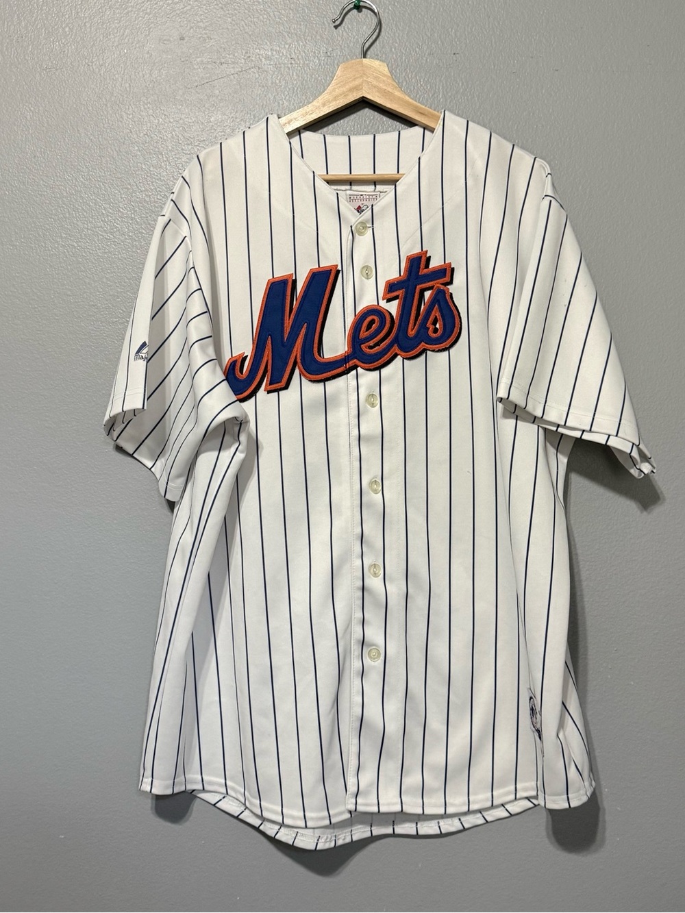 Majestic White Pinstripe New York Mets Jersey with Navy and Orange Logo